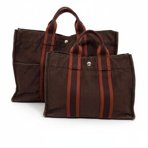 Hermes Canvas Fourre Tout Holdall Tote Bag Set in Burgundy and Red MM and PM